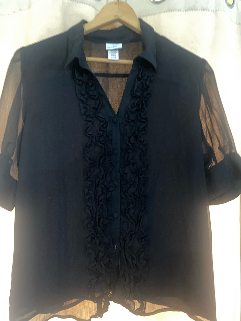 Jaclyn Smith sheer black ruffle-front blouse